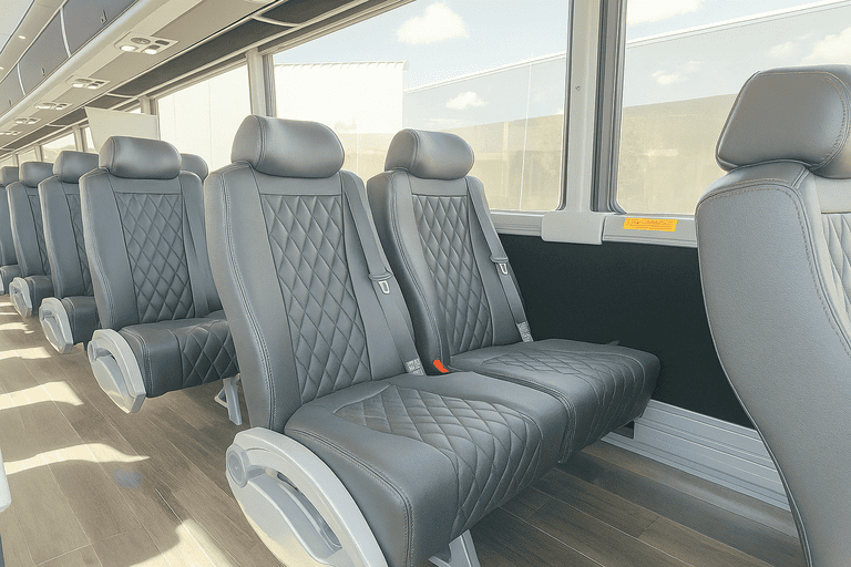 interior of Woodbury Minibus Company charter bus